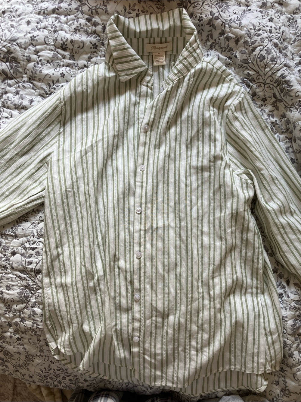 Passport women’s Light Green and White Striped Button-Down Shirt beach